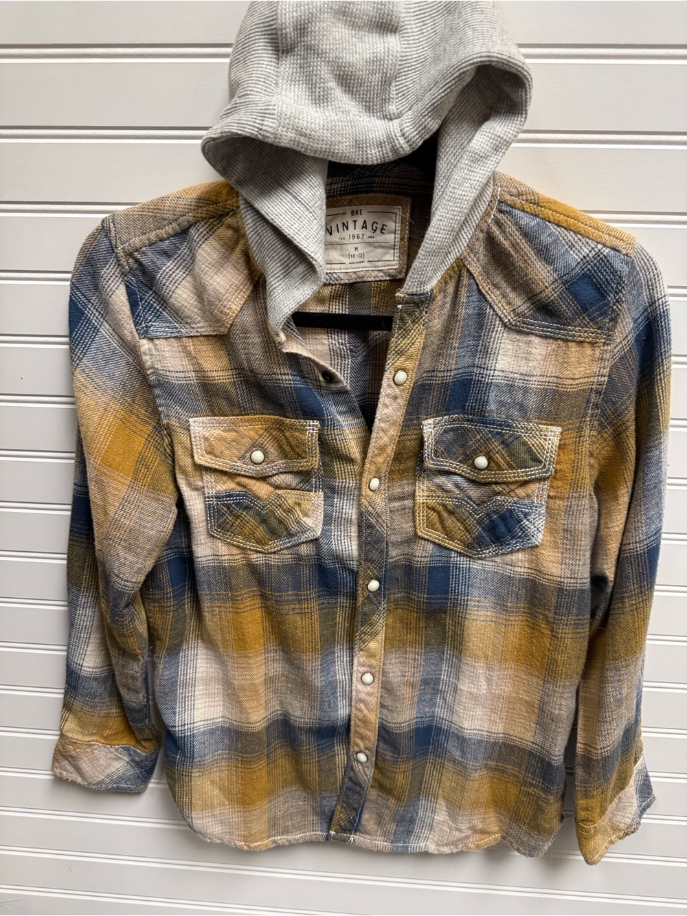 BKE Plaid Hooded Shirt Jacket in Mustard, Navy & Gray